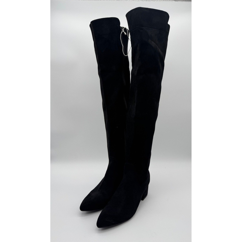 Womens Black Tall Boots Pointed Toe Block Heel Size 10